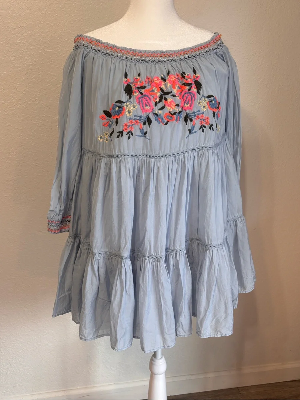 Free People Sunbeams Embroidered Off Shoulder Mini Dress XS